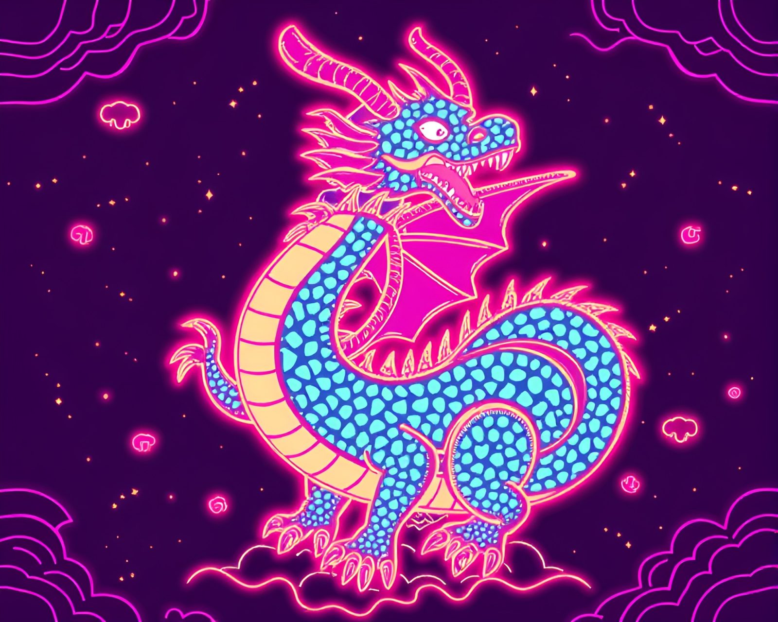 Neon dragon against pixelated dragon scale backdrop