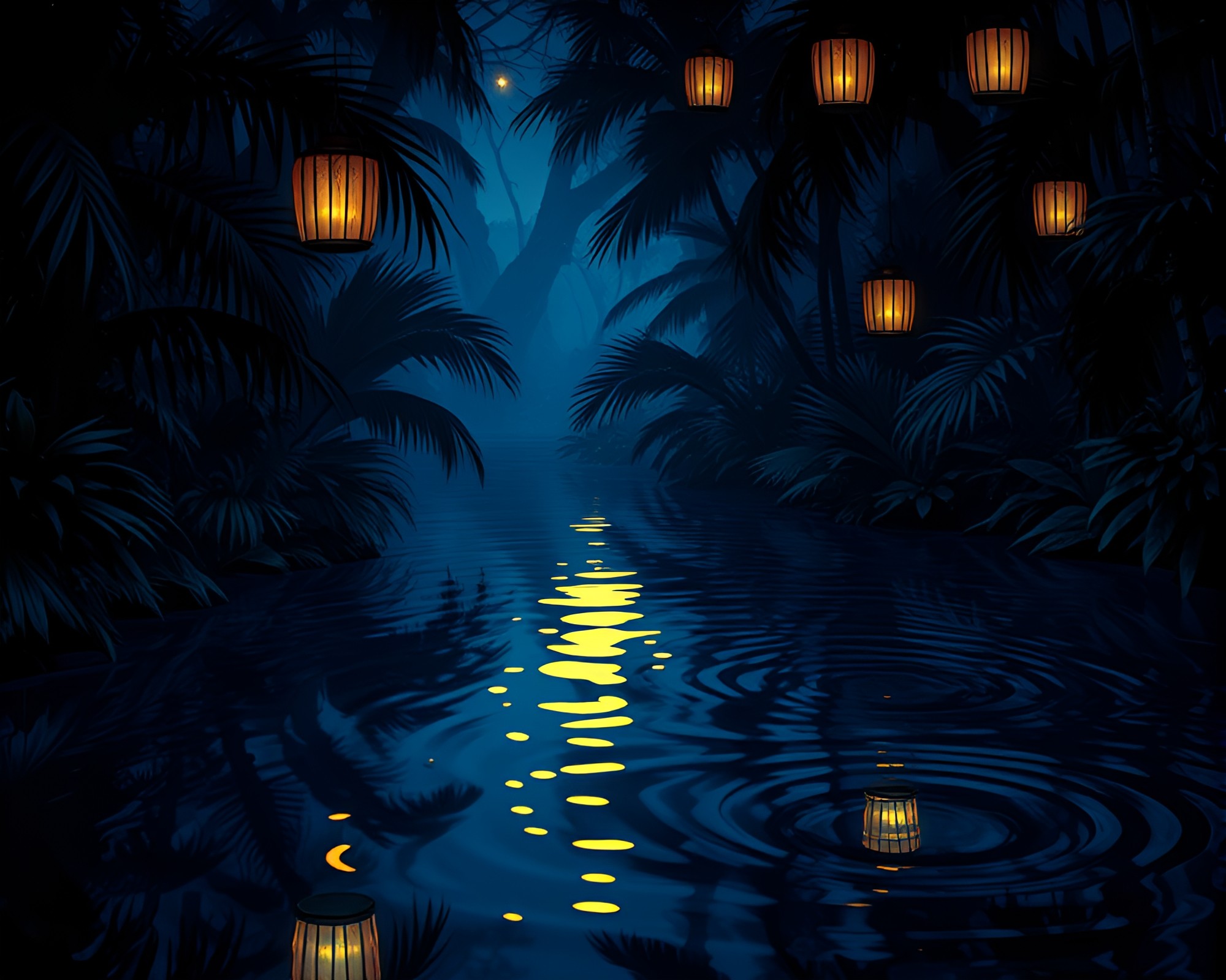 Jungle Reflections: Lantern-Lit Blueprint Ripples – free AI stock image