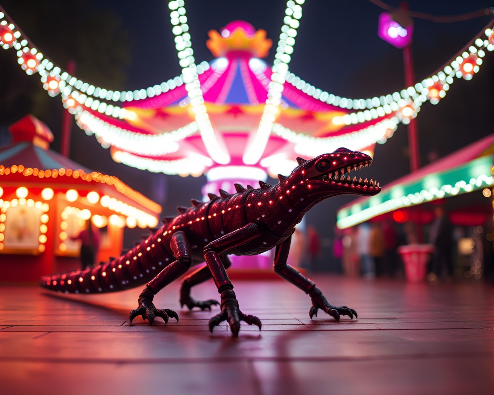 Colorful carnival lights illuminating a detailed stop-motion basilisk