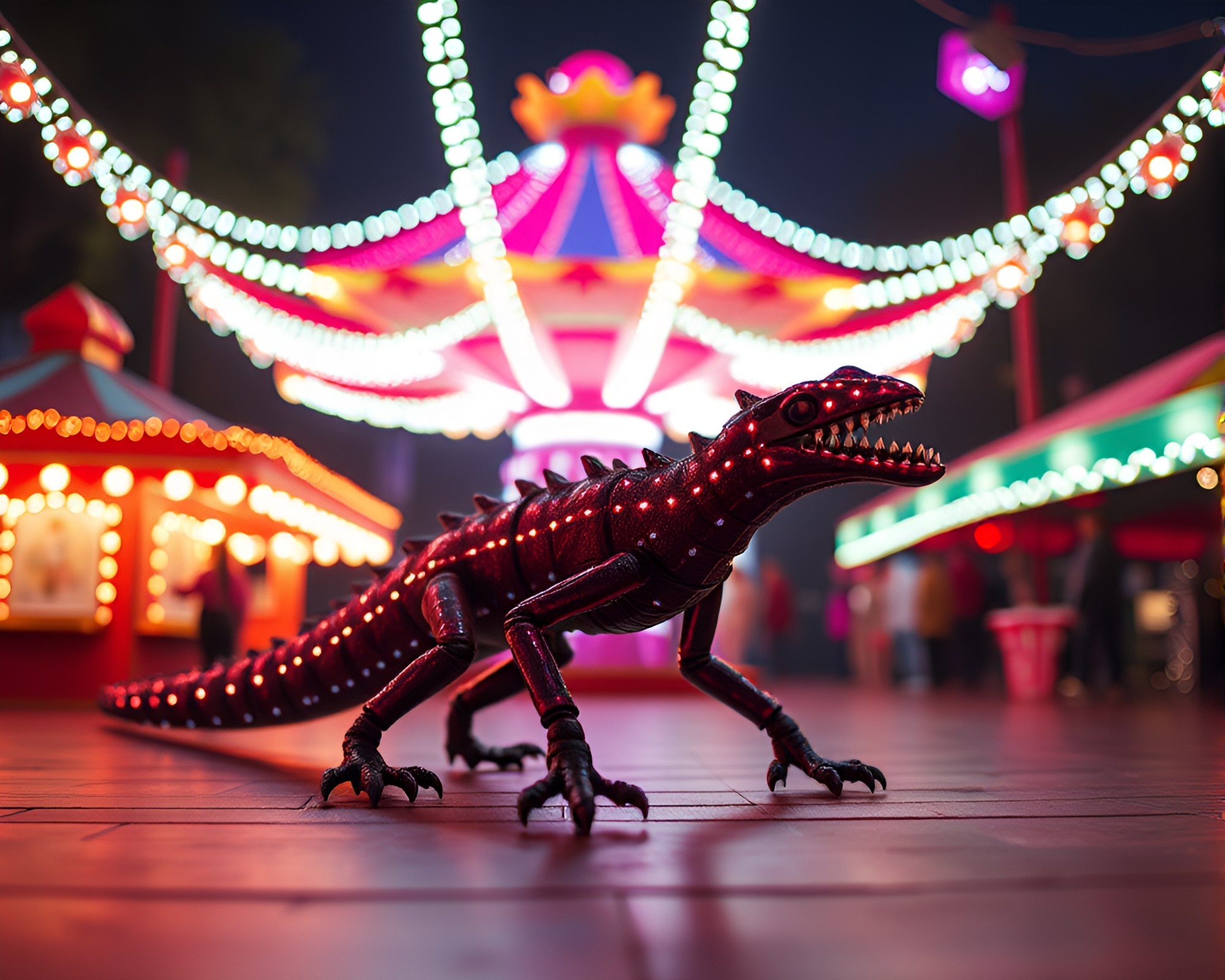 Mesmerizing Carnival Lights Surround Artistic Stop-Motion Basilisk – free AI stock image