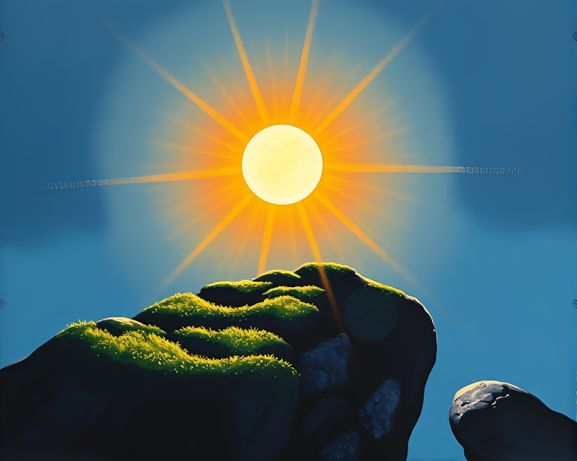 Silhouette of Moss-Covered Rock with Solar Flare Glow – free AI stock image