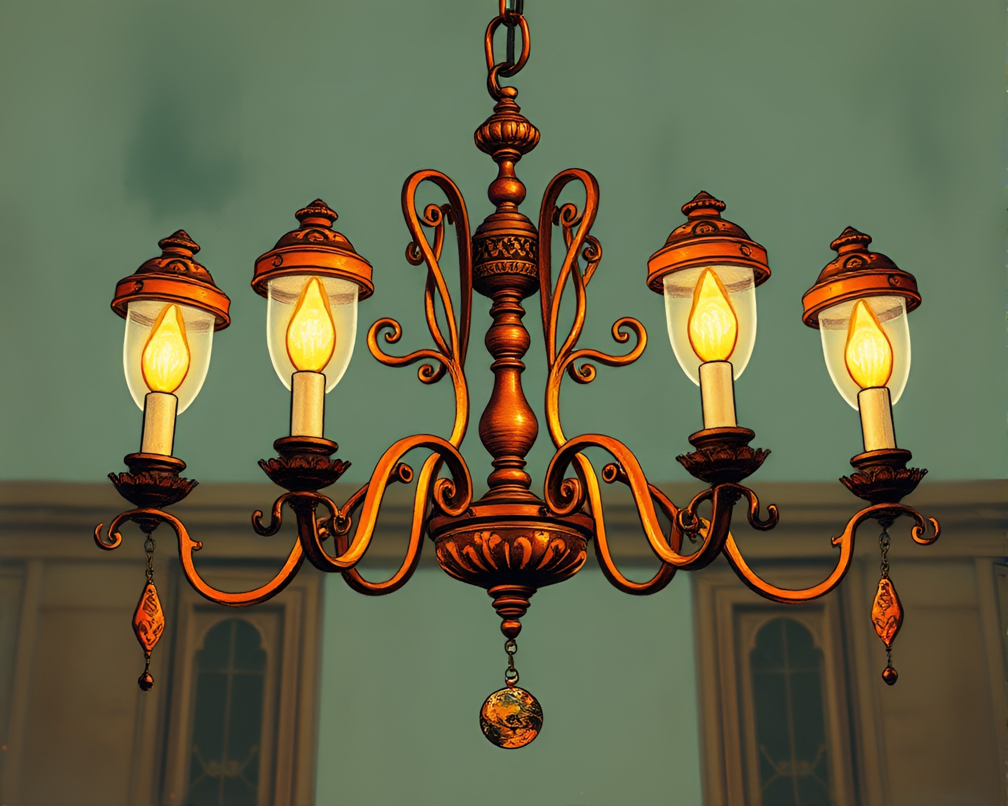 Enchanting Victorian Chandelier Reflected Twice in Copper Tones – free AI stock image