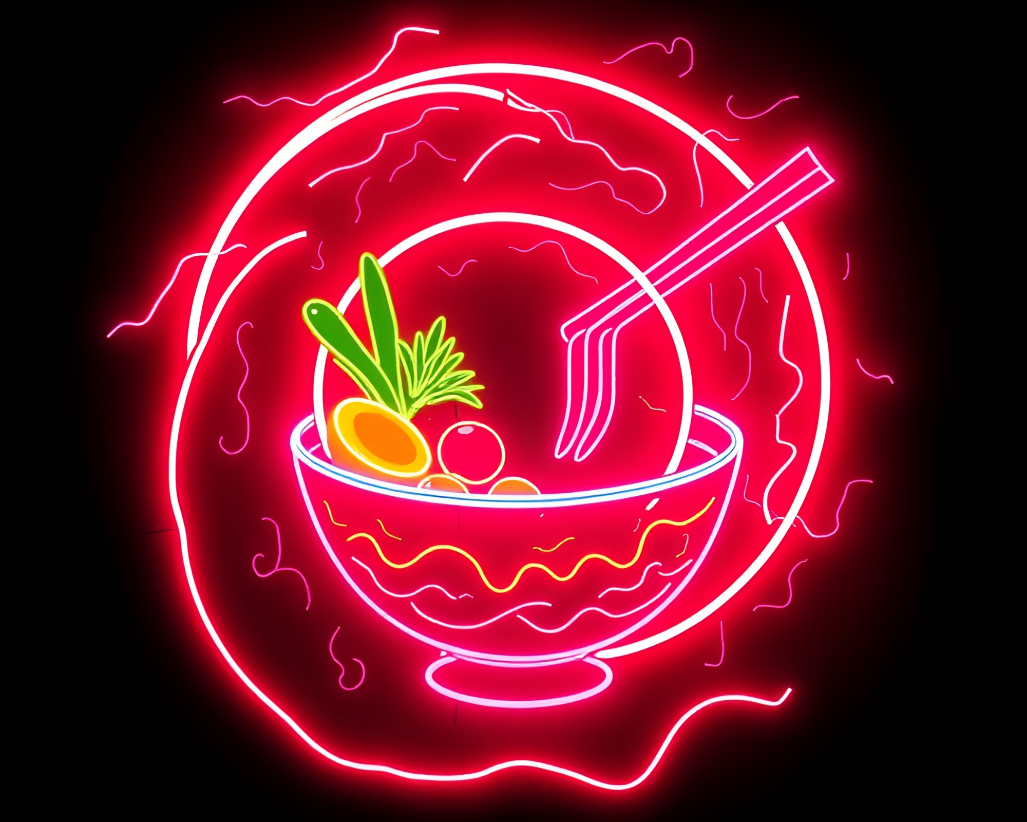 Spiral Neon Ramen Bowl Concept Art – free AI stock image