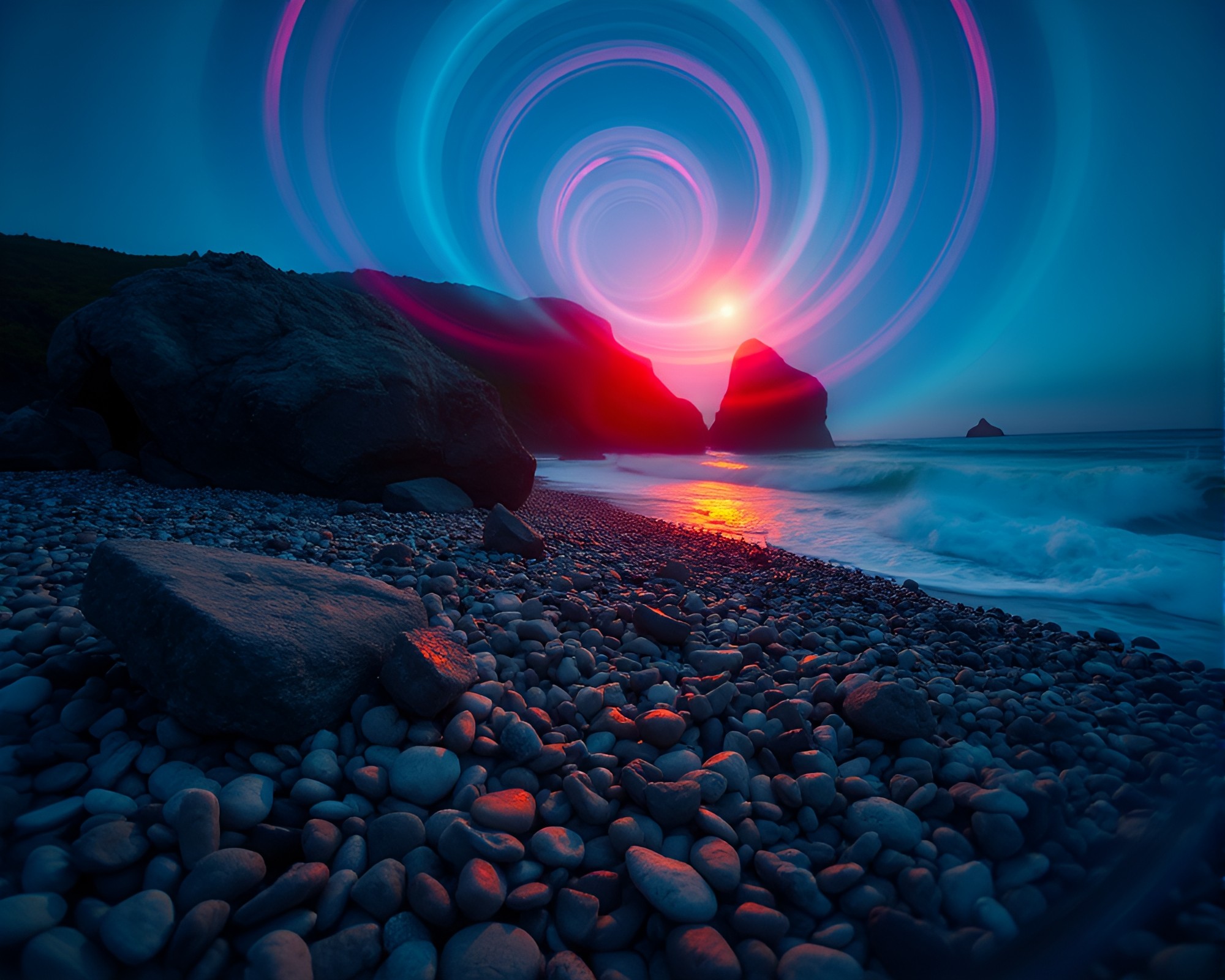 Neon Swirls on Pebble Beach Shoreline – free AI stock image