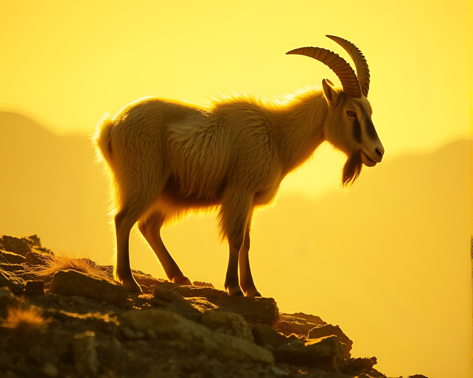 Mountain Goat in Mustard Yellow Hologram Shadowplay – free AI stock image