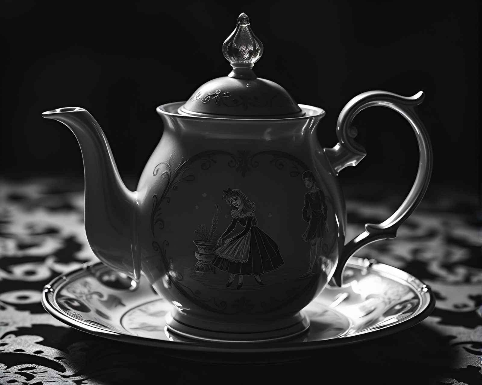 Dramatic chiaroscuro image of detailed Alice in Wonderland tea set