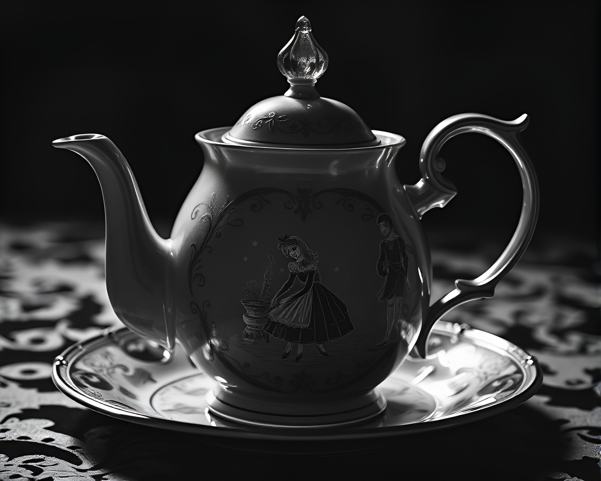 Alice in Wonderland Tea Set Engraved Details Composition – free AI stock image