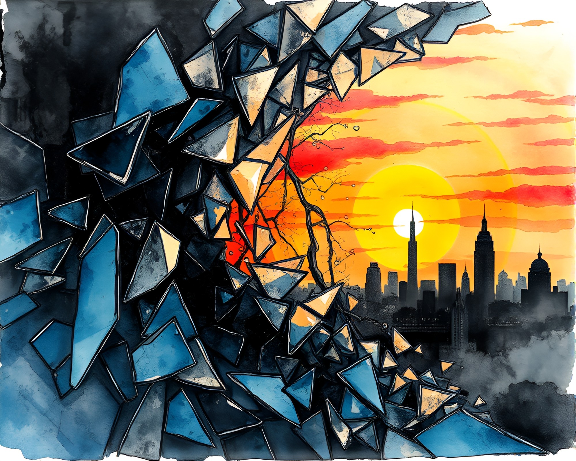 Glass Shards in Time Vortex Sunset – free AI stock image
