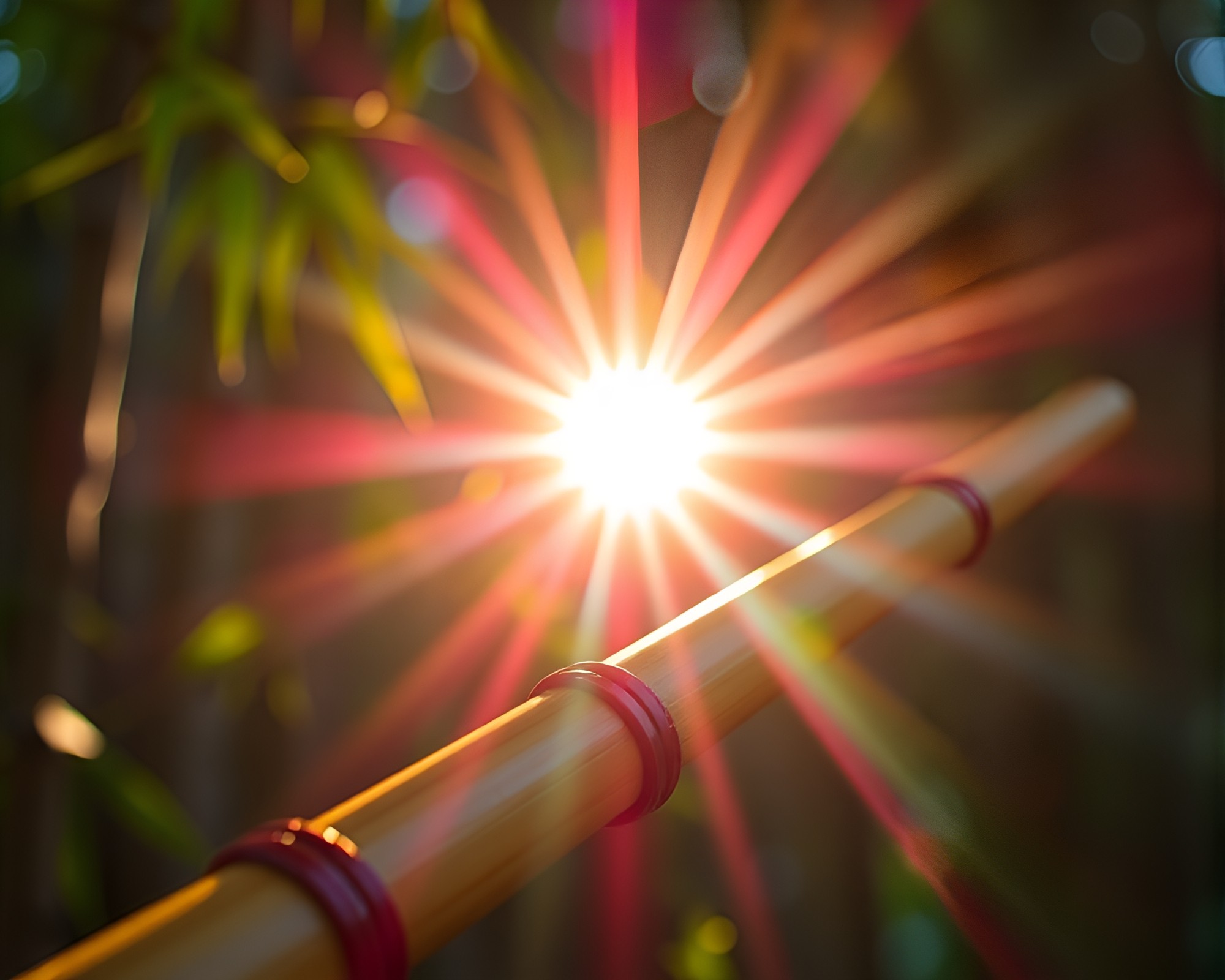 Vibrant Neon Bamboo Flute Lens Sunburst Composition – free AI stock image