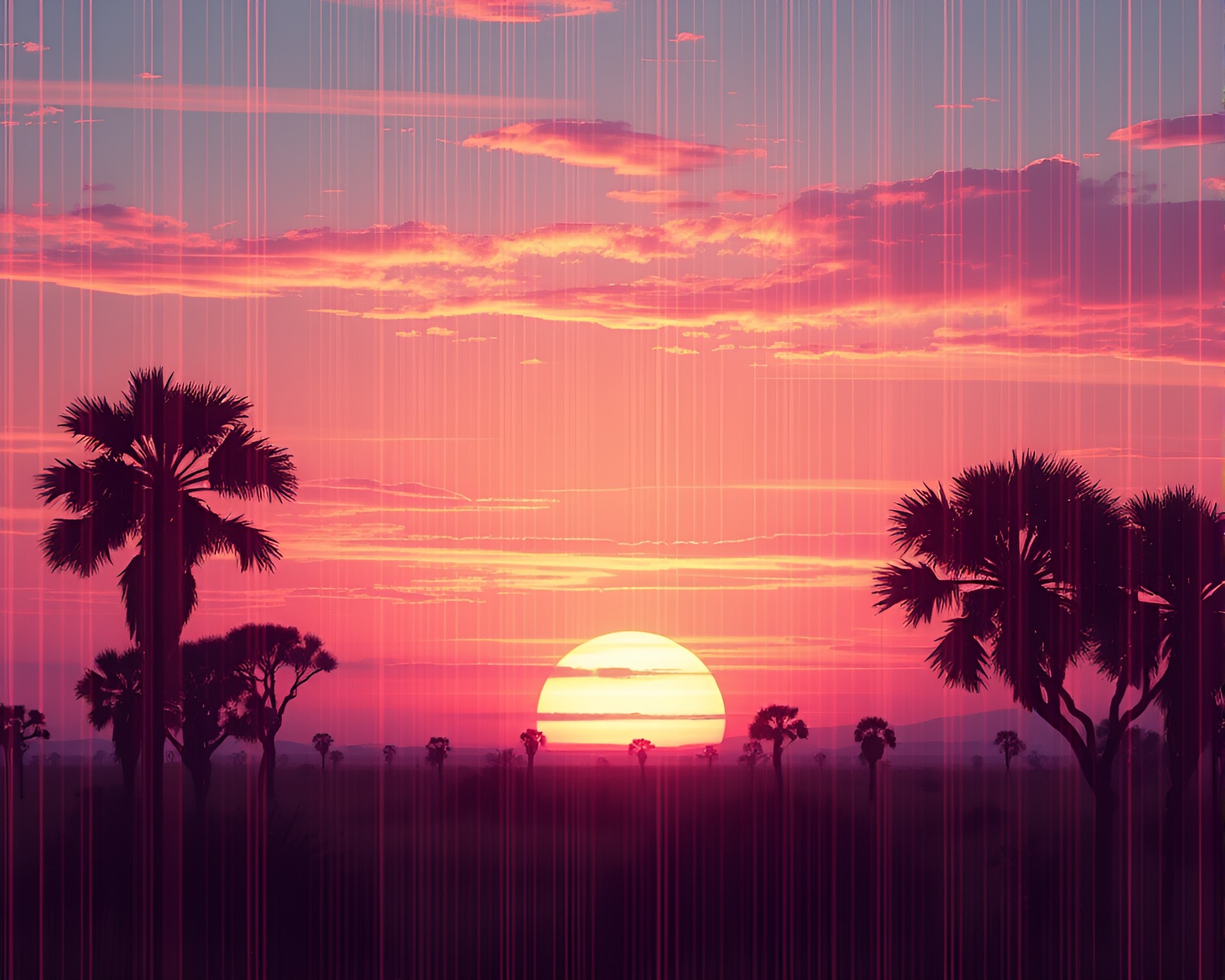 Savanna Sunset Through Cybernetic Scan Lines – free AI stock image