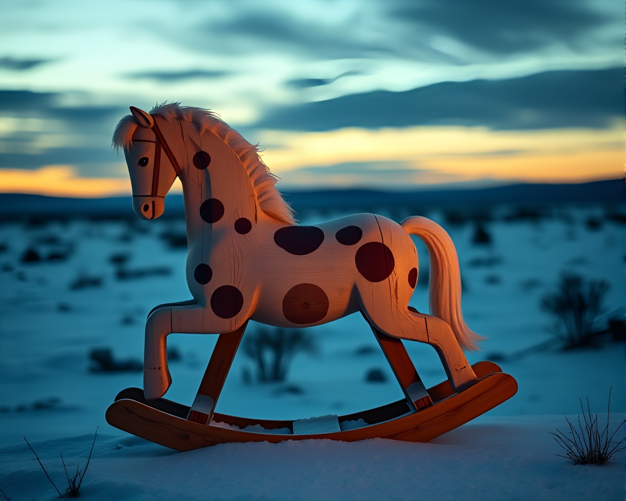 Eerie Wooden Rocking Horse in Polar Twilight – free AI stock image