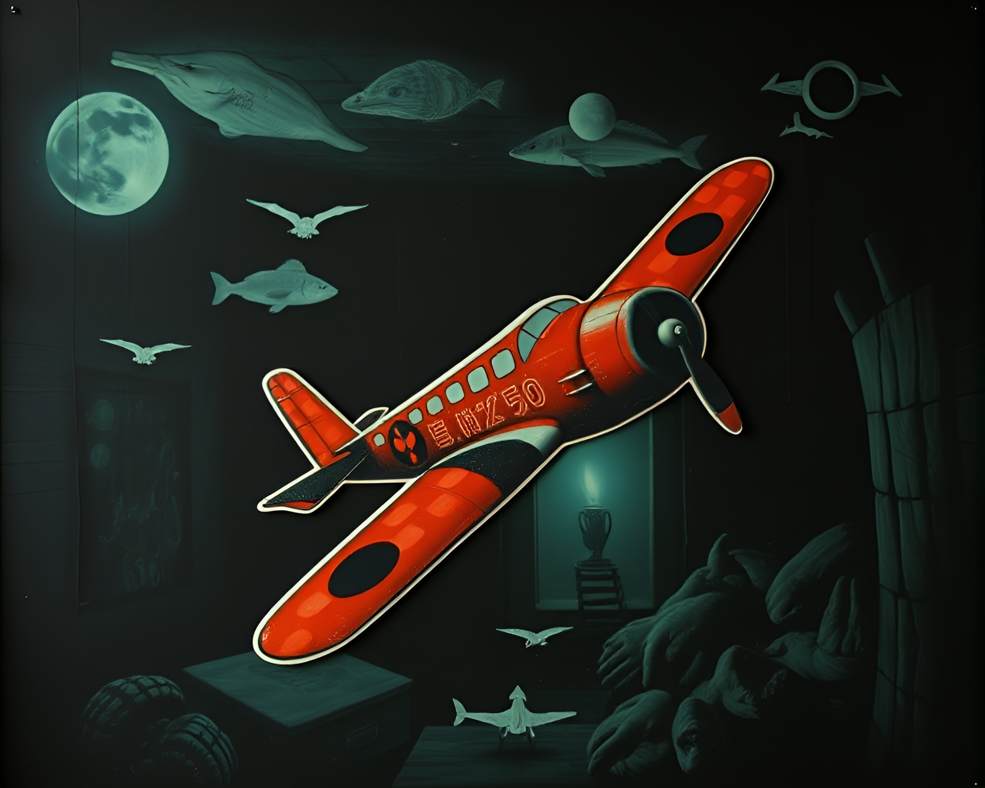 Sea Plane Collage in Gloomly X-Ray Style Basement – free AI stock image