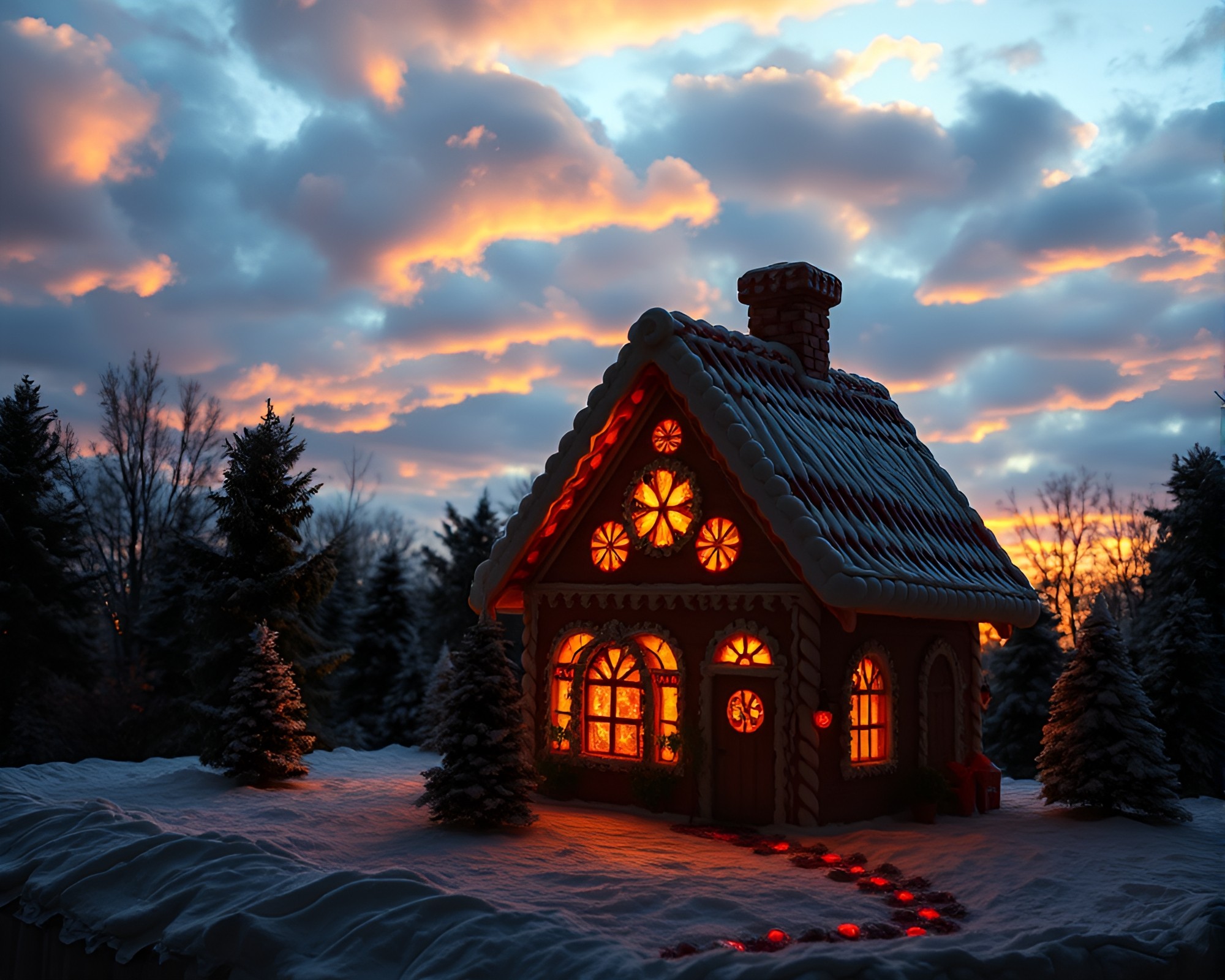 Gingerbread House Cloud Patterns in Stained Glass Glow – free AI stock image