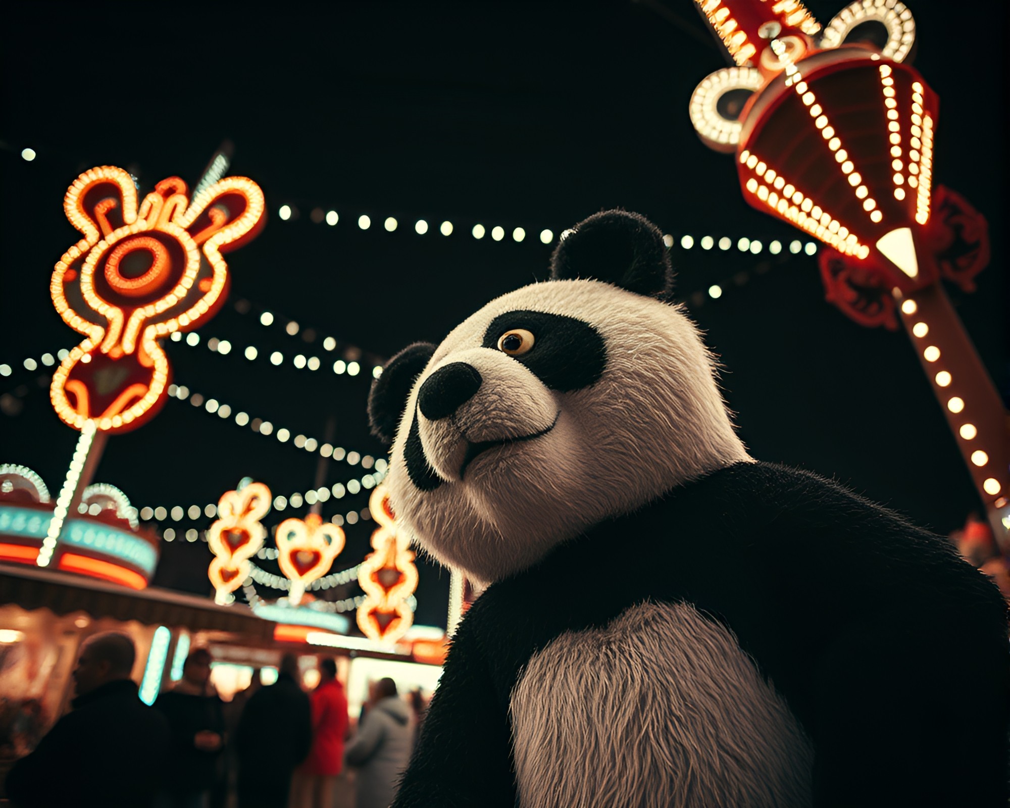 Whimsical Panda Carnival Lights Duotone Composition – free AI stock image