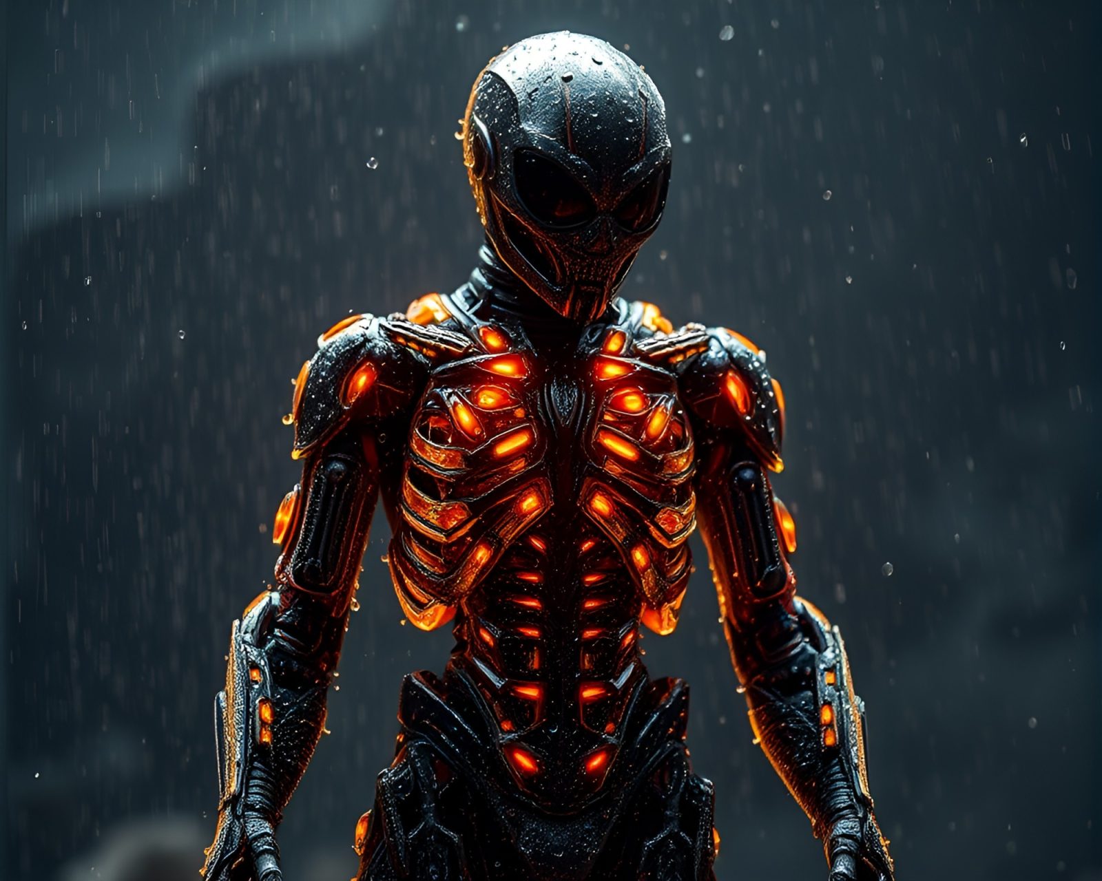 Shimmering holographic exoskeleton suit covered in volcanic ash and dew drops