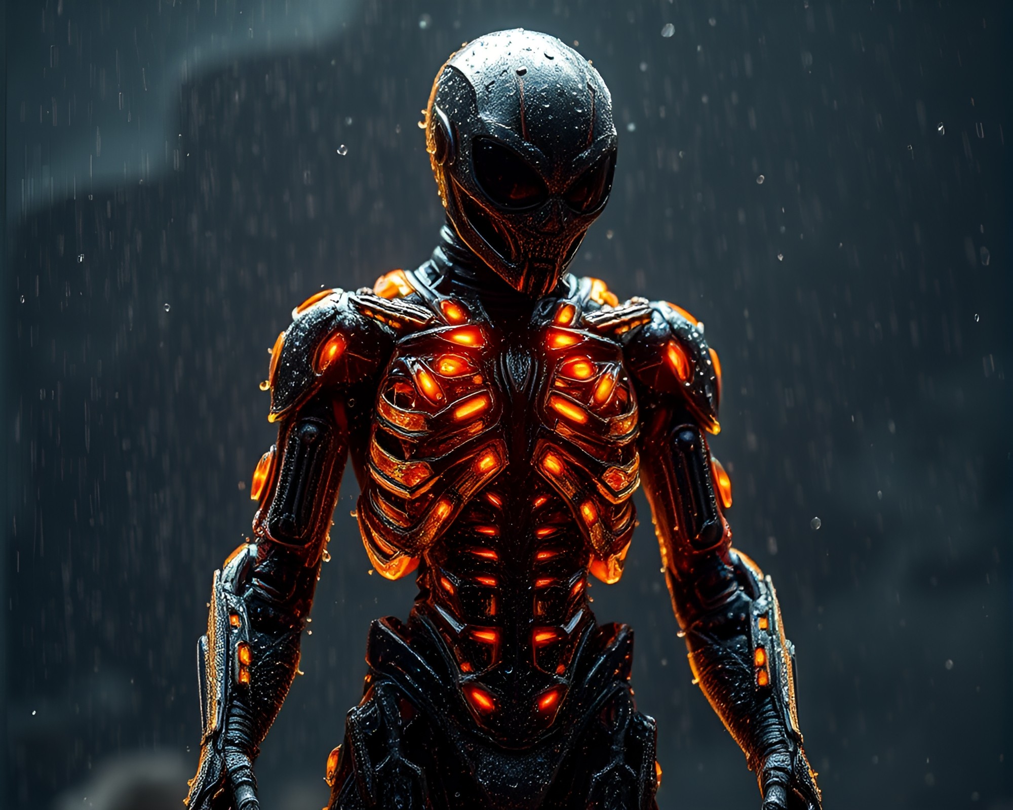 Dew-Dropped Exoskeleton Suit Amidst Volcanic Ash Hologram – free AI stock image