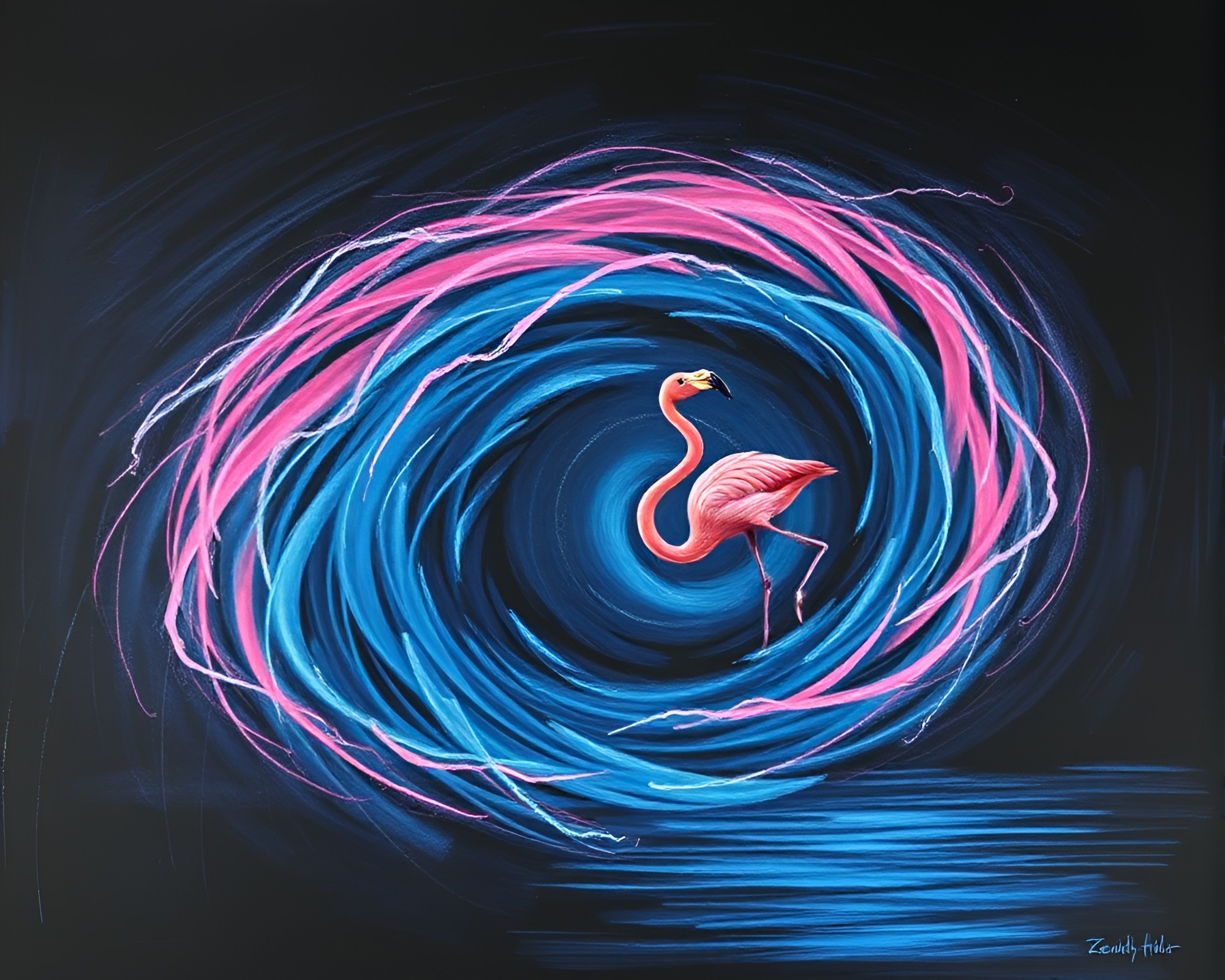 Twilight Blue Hour Flamingo Vortex Chalkboard Art – free AI stock image