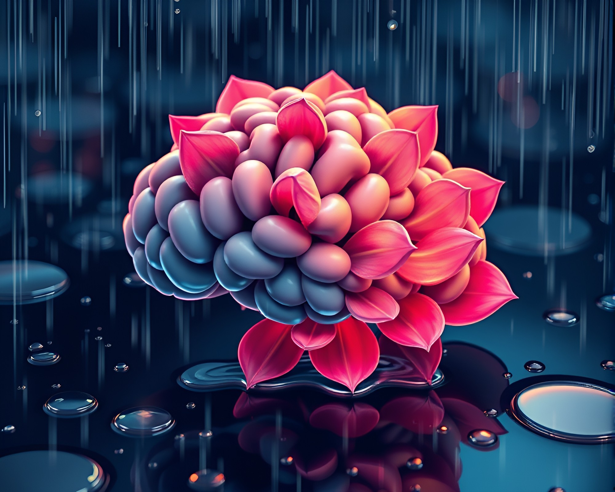 AI Brain fueled by Rainy Reflections and Flower Petals – free AI stock image