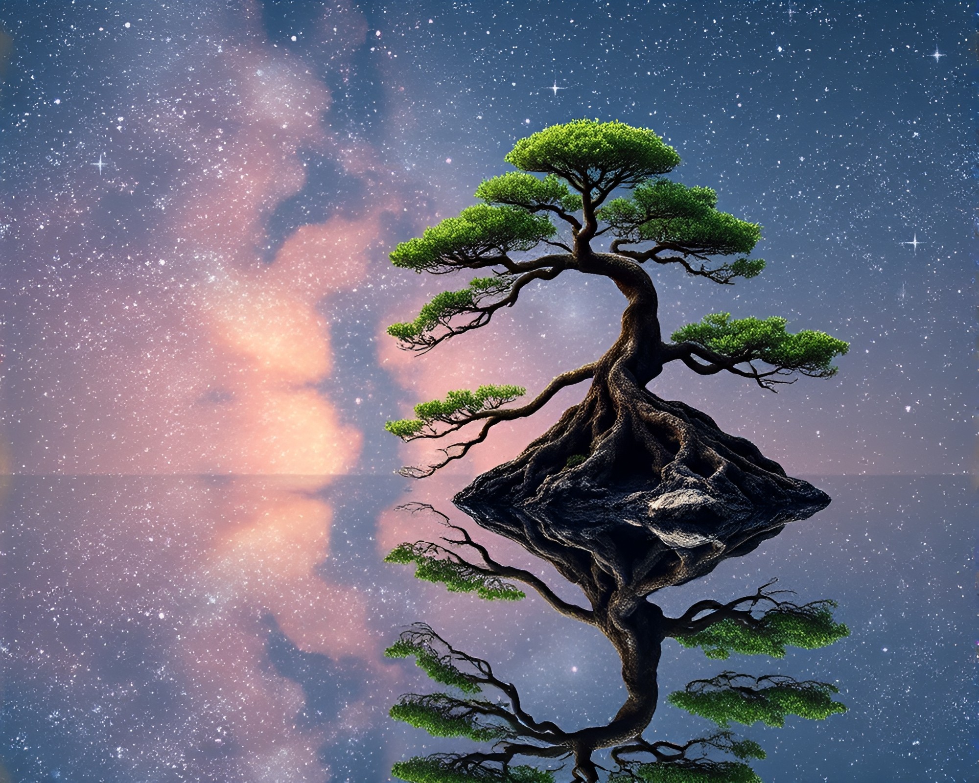 Bonsai Tree Reflection in Cosmic Dust Palette – free AI stock image