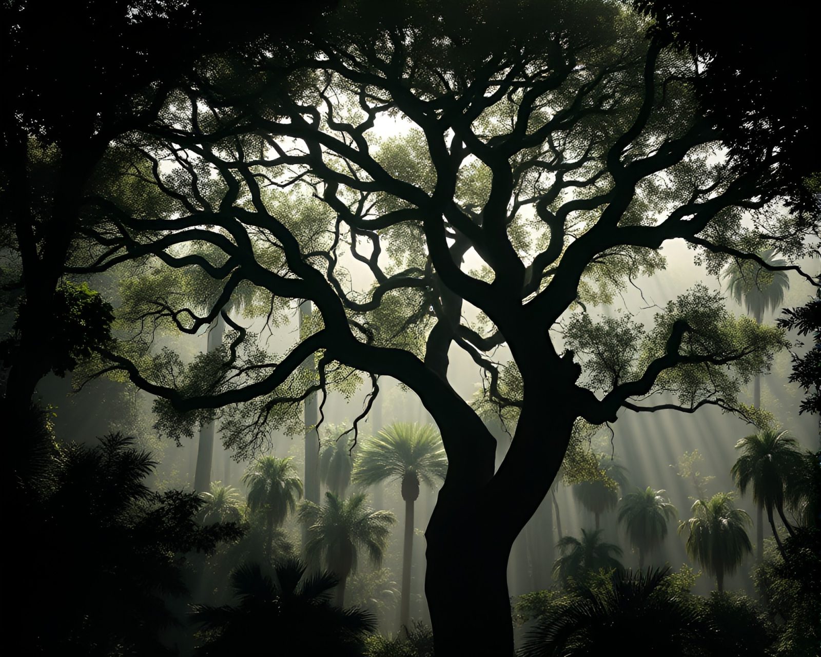 Futuristic HUD overlay shows shadowed ancient tree in jungle.