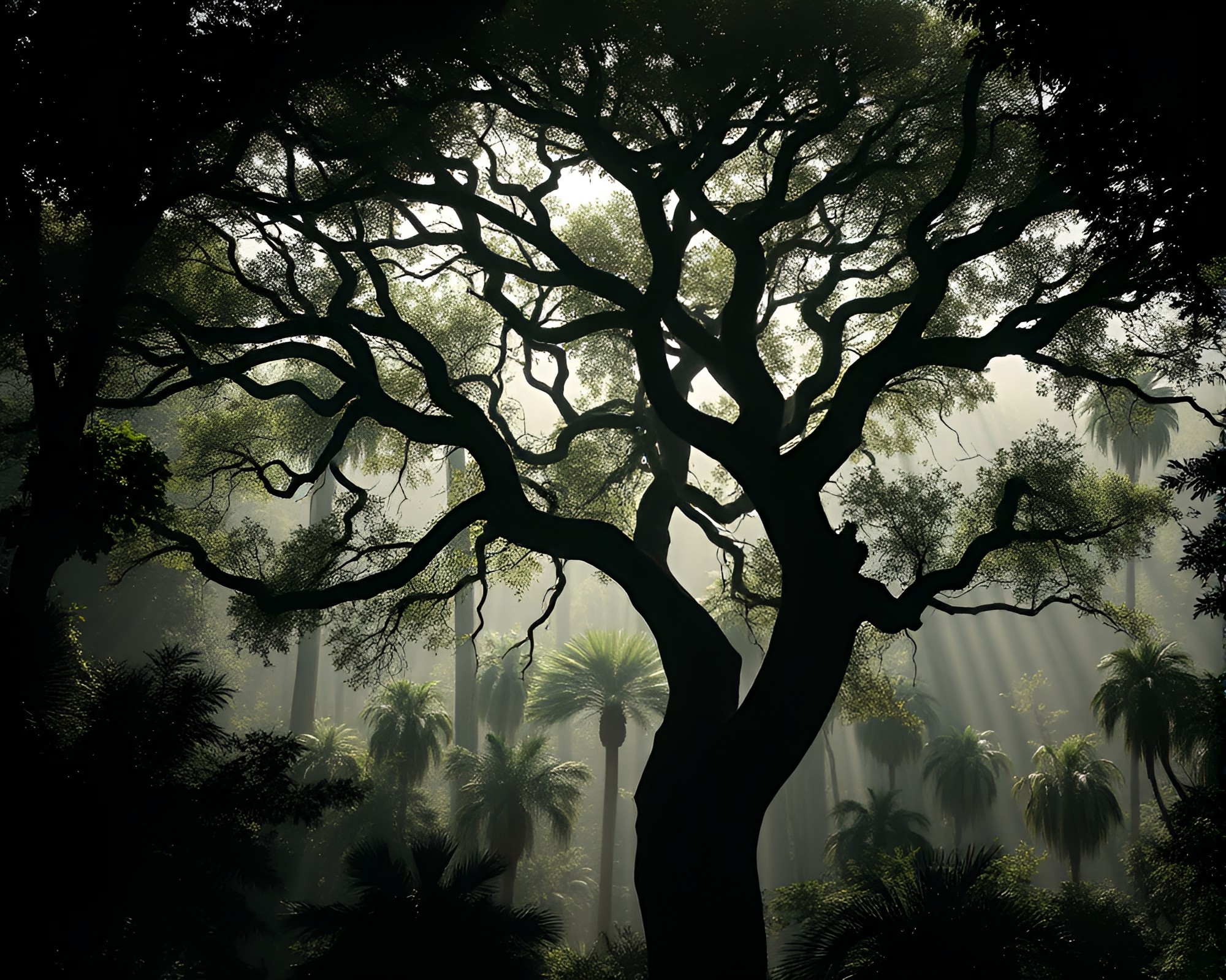 Futuristic Jungle Canopy: Shadow Silhouette of Ancient Tree – free AI stock image
