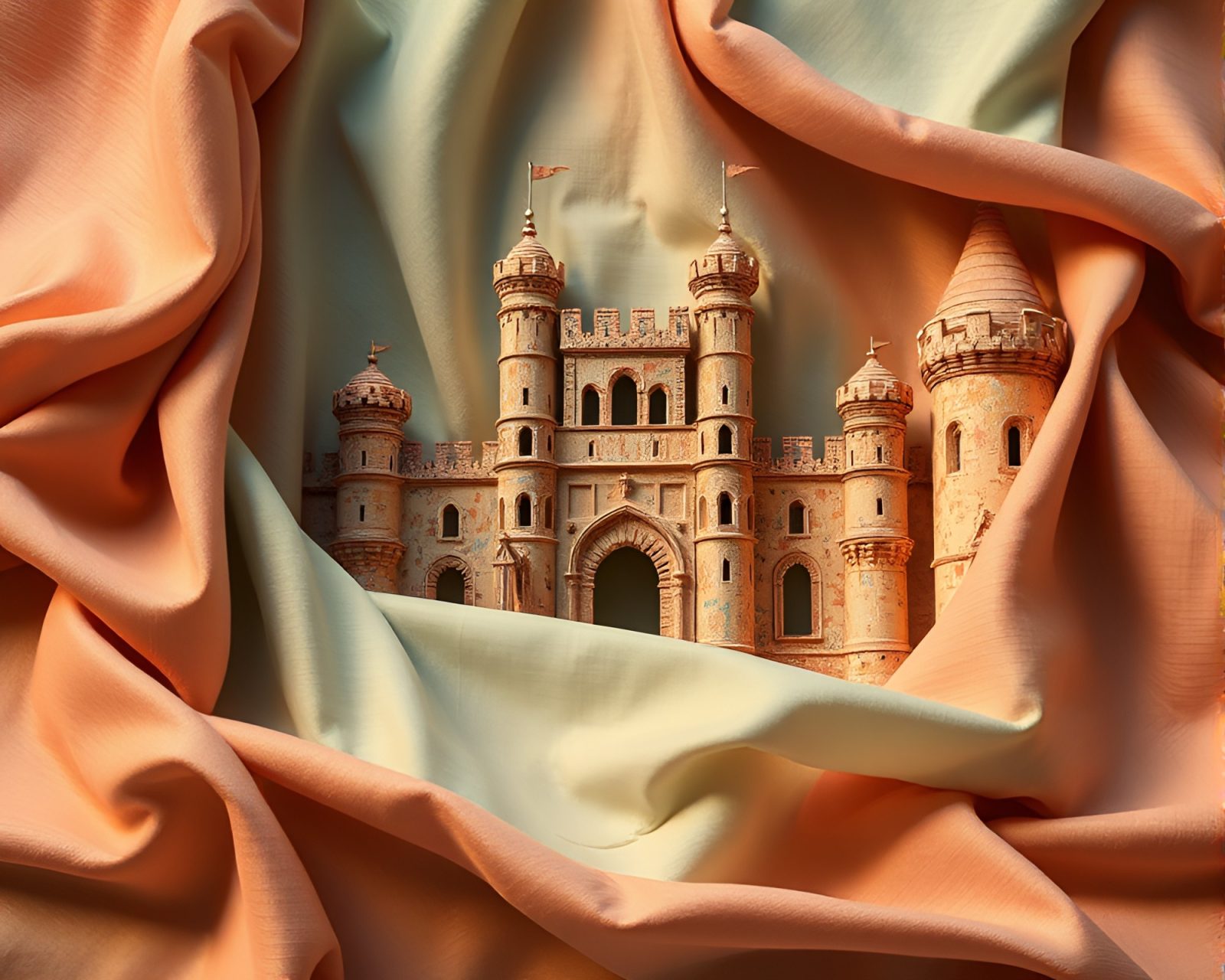 A mystical castle wrapped in vibrant fabric folds under clear skies