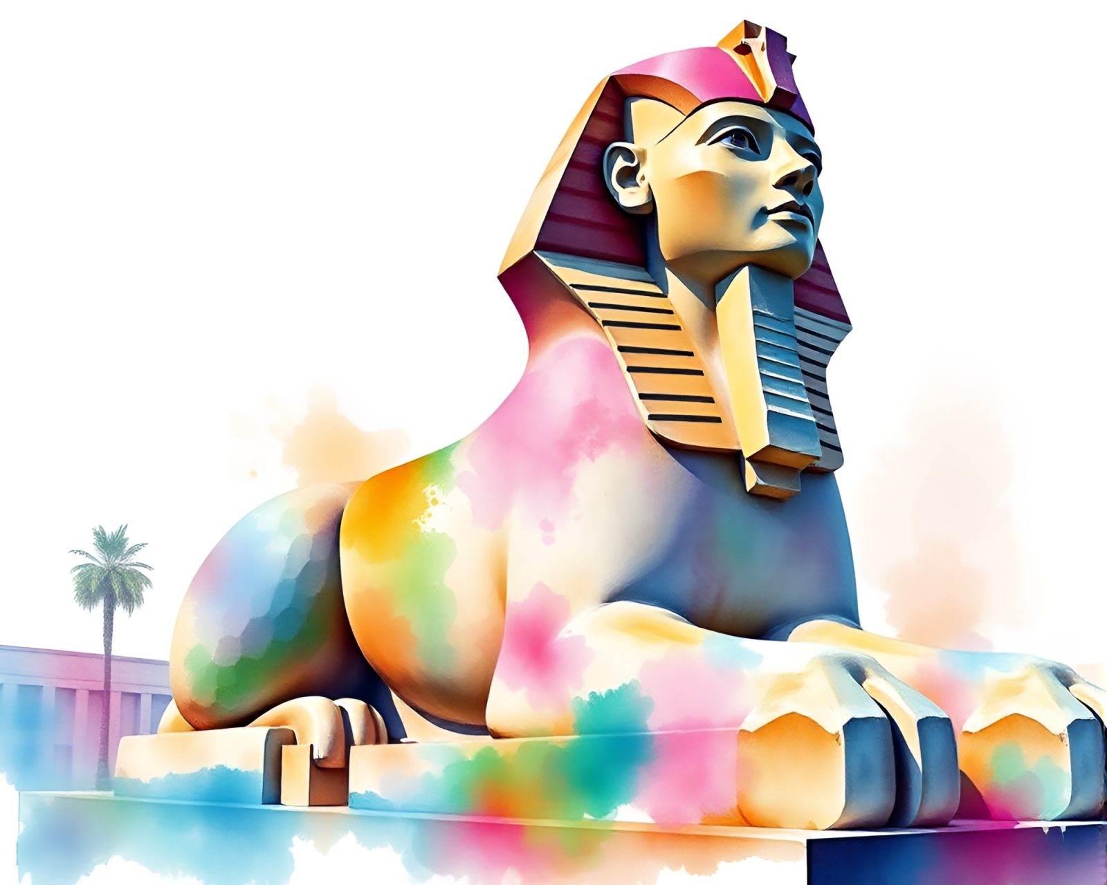 Vibrant voxel art of Sphinx statue with watercolor wash