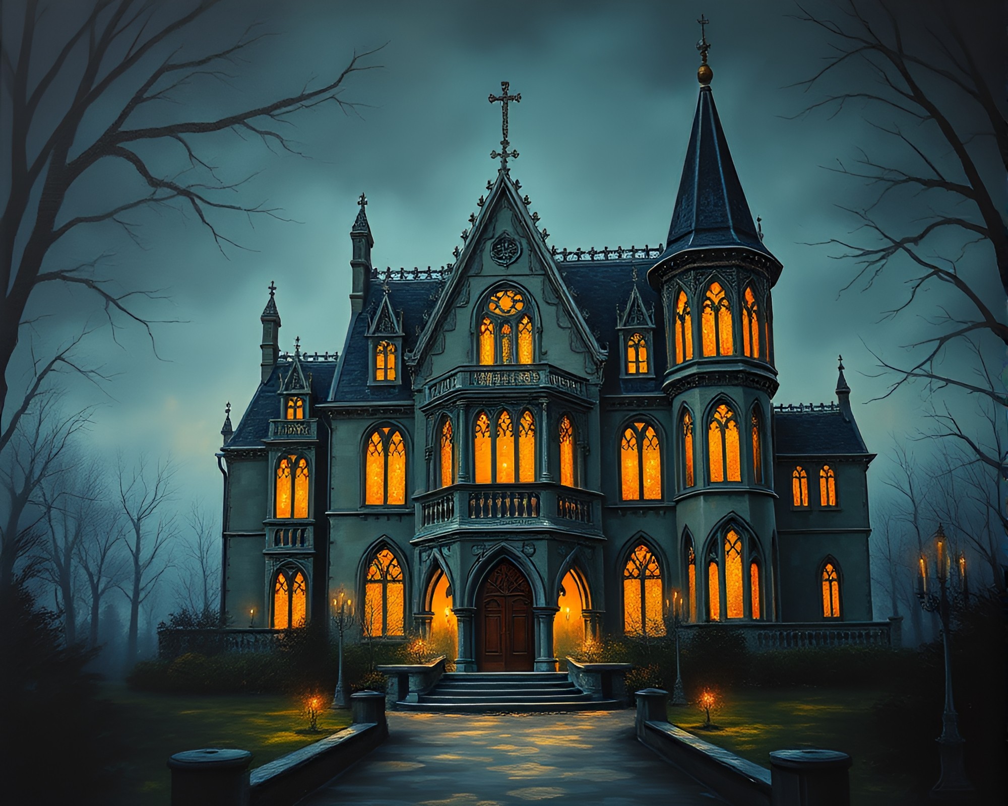 Neo-Gothic Mansion in Eerie Candlelit Acrylic Painting – free AI stock image
