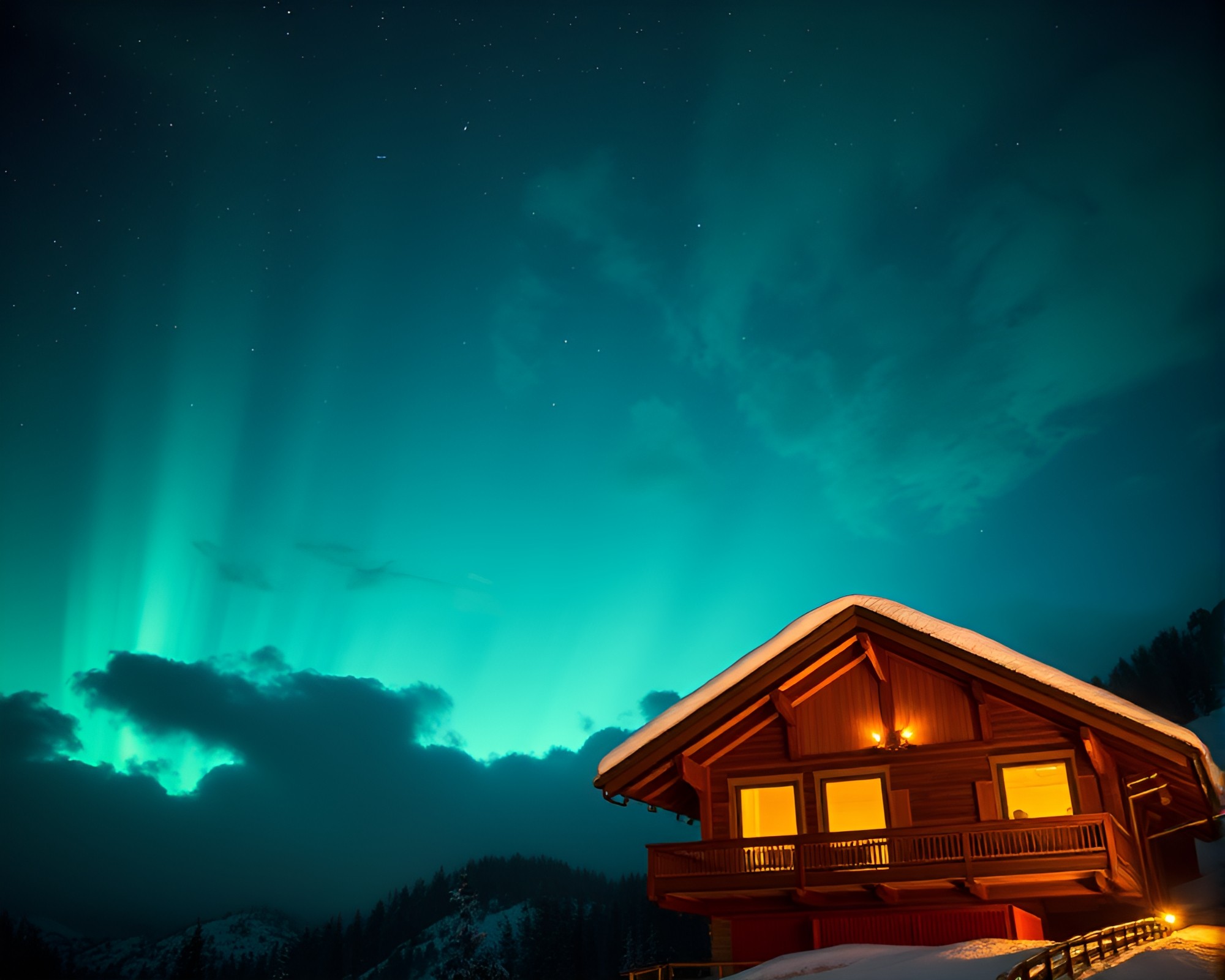 Enchanting Alpine Chalet Lit by Firefly Clouds – free AI stock image