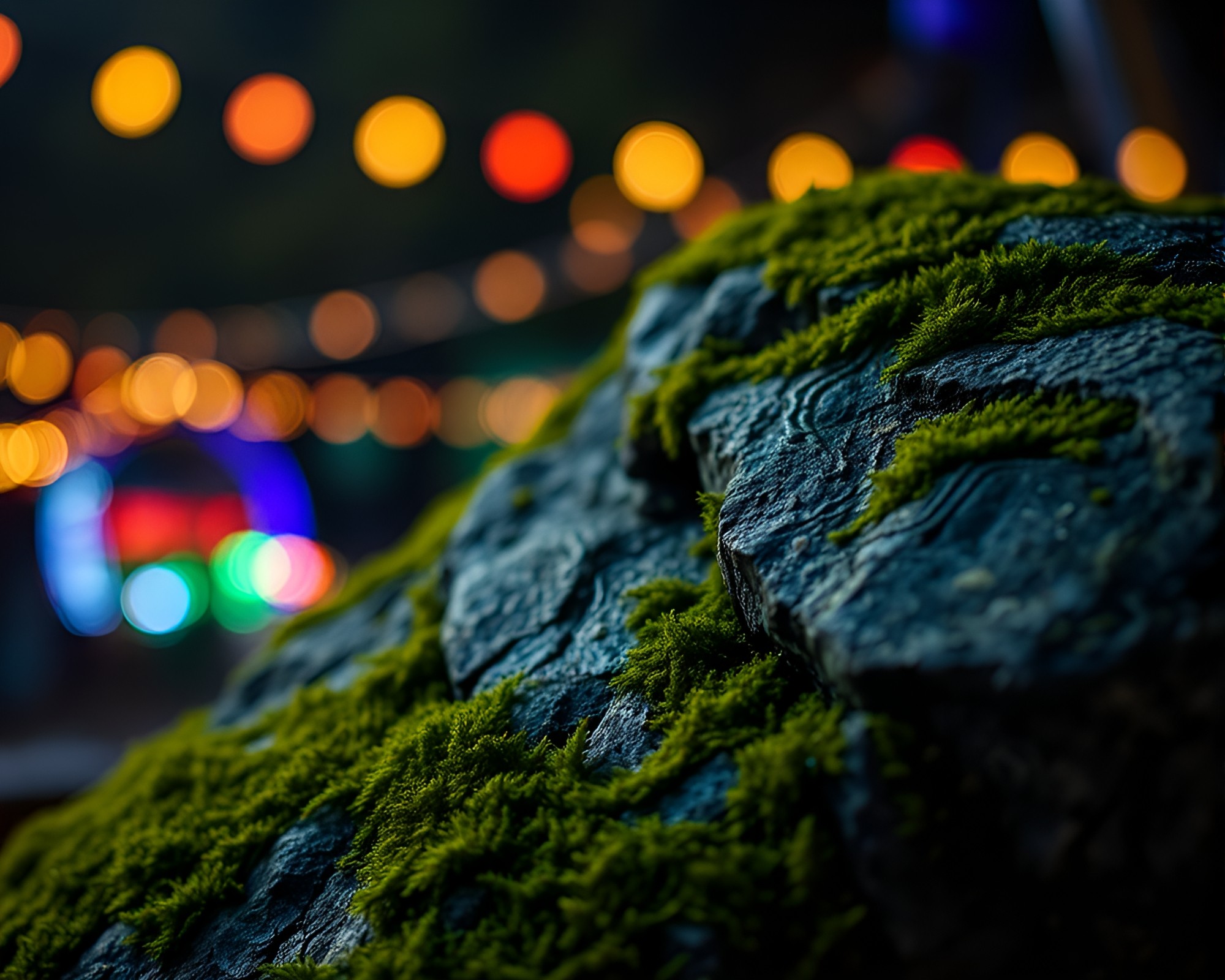 Embroidered Moss-Covered Rock Under Carnival Lights – free AI stock image